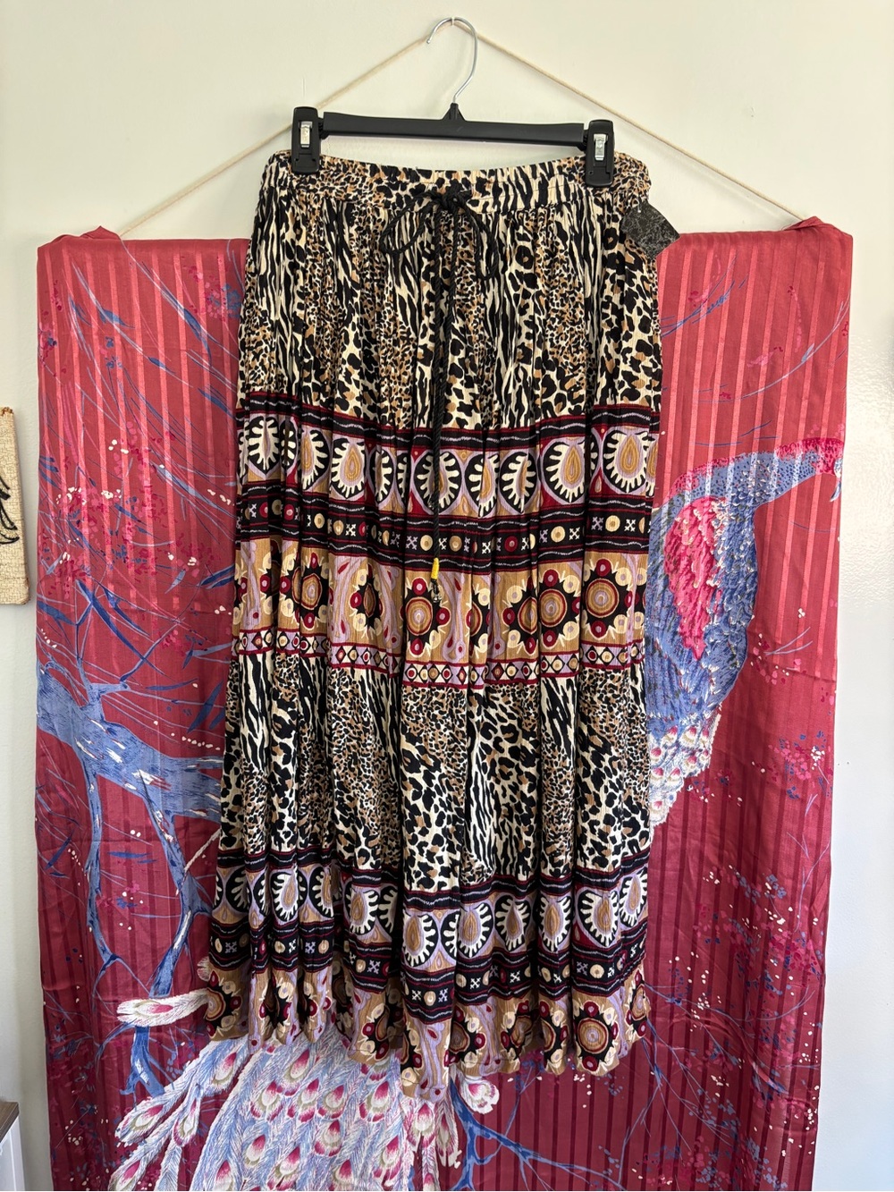 Sag Harbor Leopard & Geo Print Tiered Maxi Skirt - Black, Tan, Cream, Burgundy